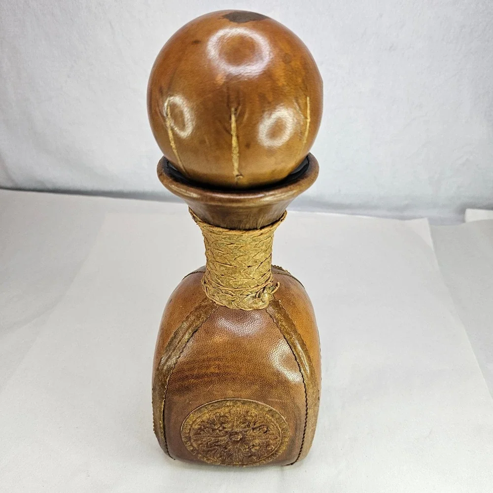 Vintage Brown Leather Decanter Bottle w/ Ball Stopper Rustic Neck Made in‎ Italy